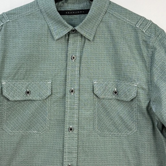 Sean Jean‎ Short Sleeve Button Up Shirt Men's L 100% Cotton Green Y2K - Picture 3 of 10